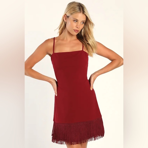 Lulus Burgundy Fringe Bodycon Mini Dress - NWT - Size XS - Picture 2 of 12